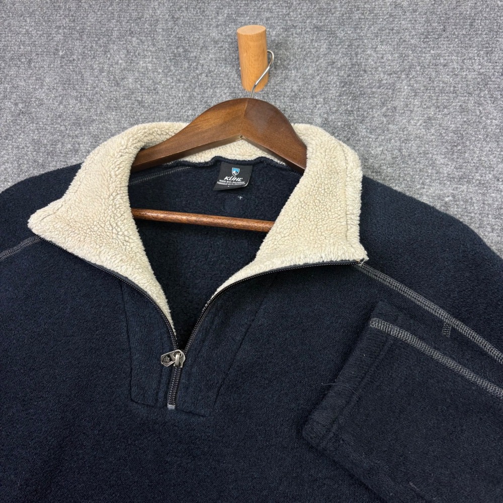 KUHL Alfpaca Fleece Pullover Mens L Black 1/4 Zip Shearling Collar Sweater 0647